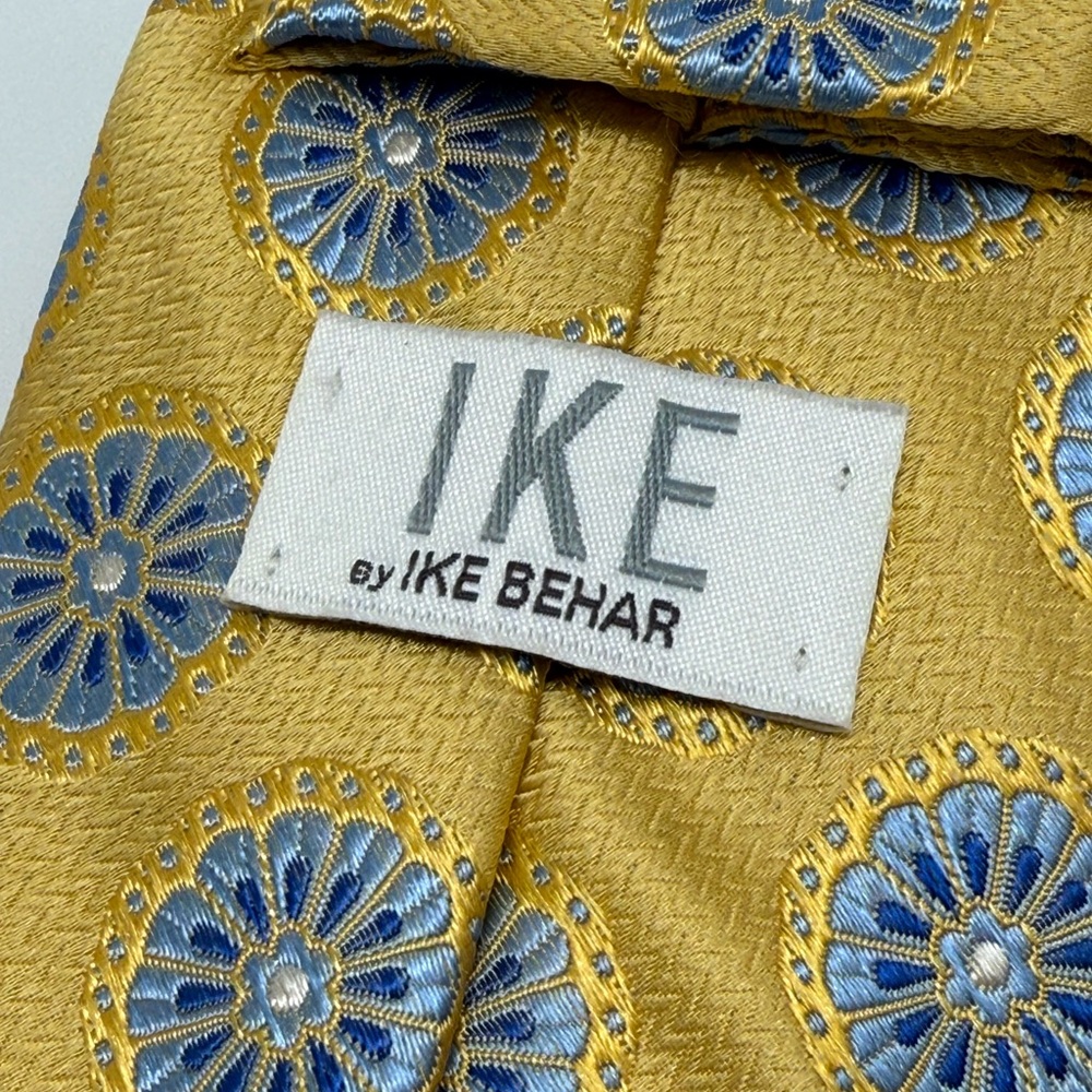 Ike Behar Yellow Gold and Blue Floral Patterned Tie Modern office formal wedding - Picture 5 of 7